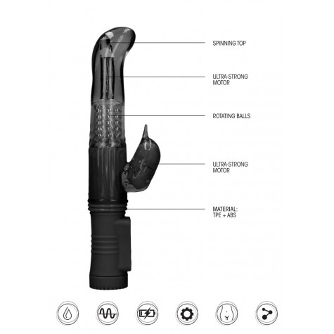 Черный вибратор-кролик Rotating Dolphin - 23 см.